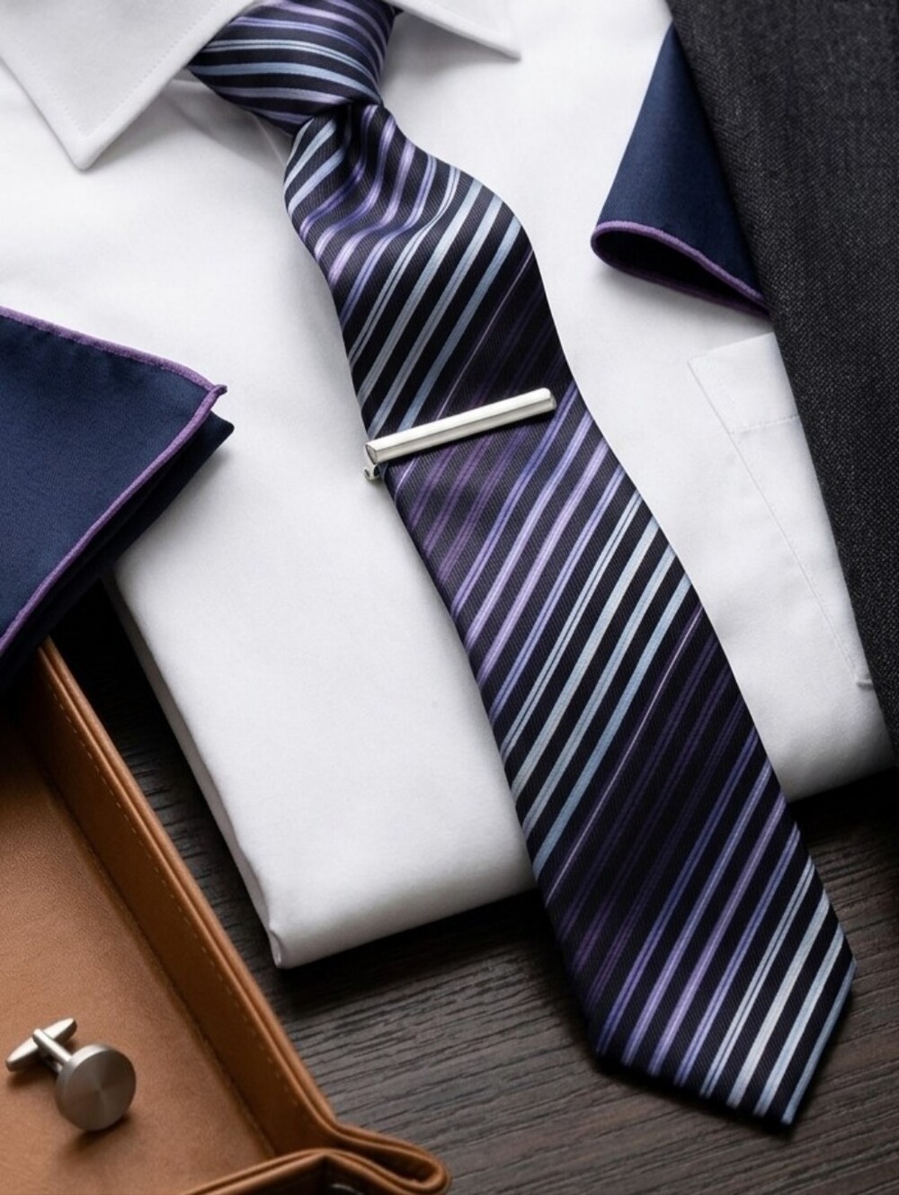 Chereskin Men’s Striped Necktie – Purple, Black, & Grey Diagonal Stripes